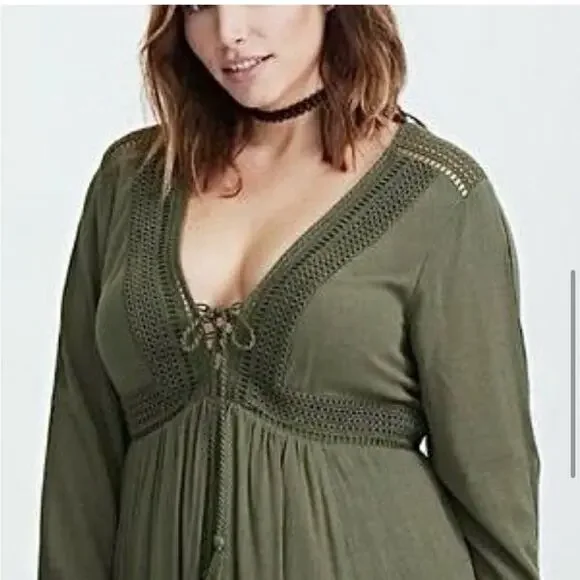 Torrid army olive green slit sleeve tassel boho peasant dress size 0 or Large - Picture 2 of 16